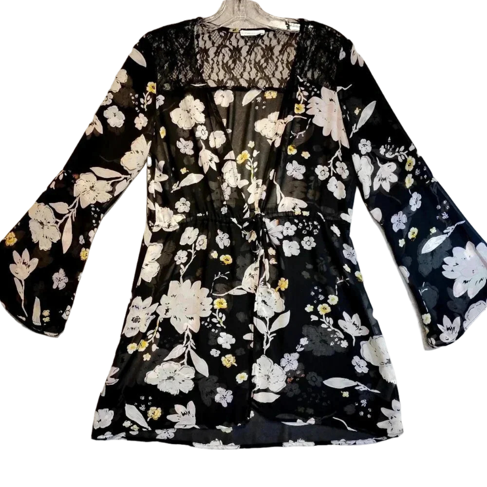 Warehouse One Women's Sheer Lingerie Kimono Black & White  Long Sleeve Small